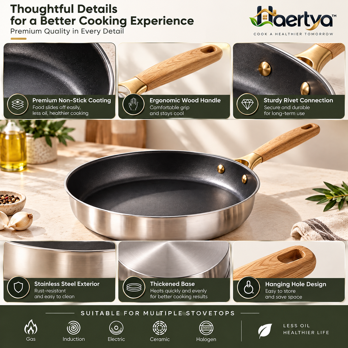 Haertya™ Stainless Steel Sauté Pan with Wood Handle — feature details