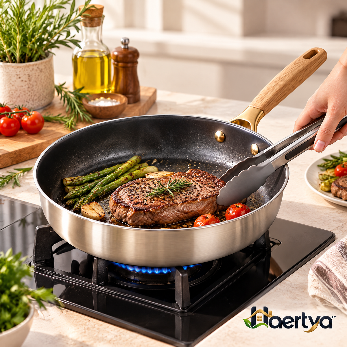 Haertya™ Stainless Steel Sauté Pan with Wood Handle — lifestyle setting