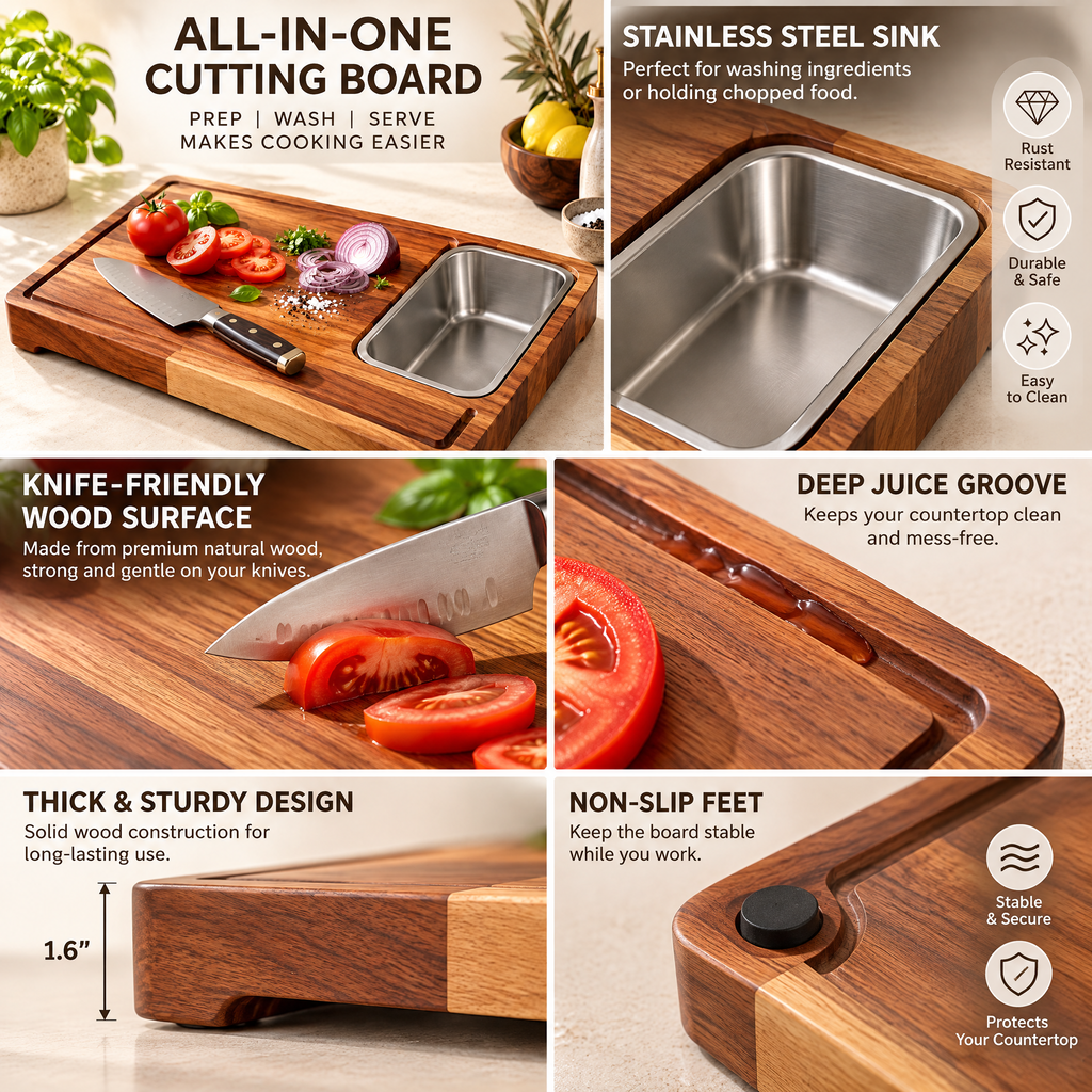 Haertya™ Acacia Prep Board with Stainless Bowl — feature details