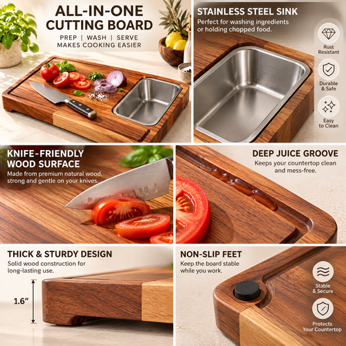 Haertya™ Acacia Prep Board with Stainless Bowl — feature details