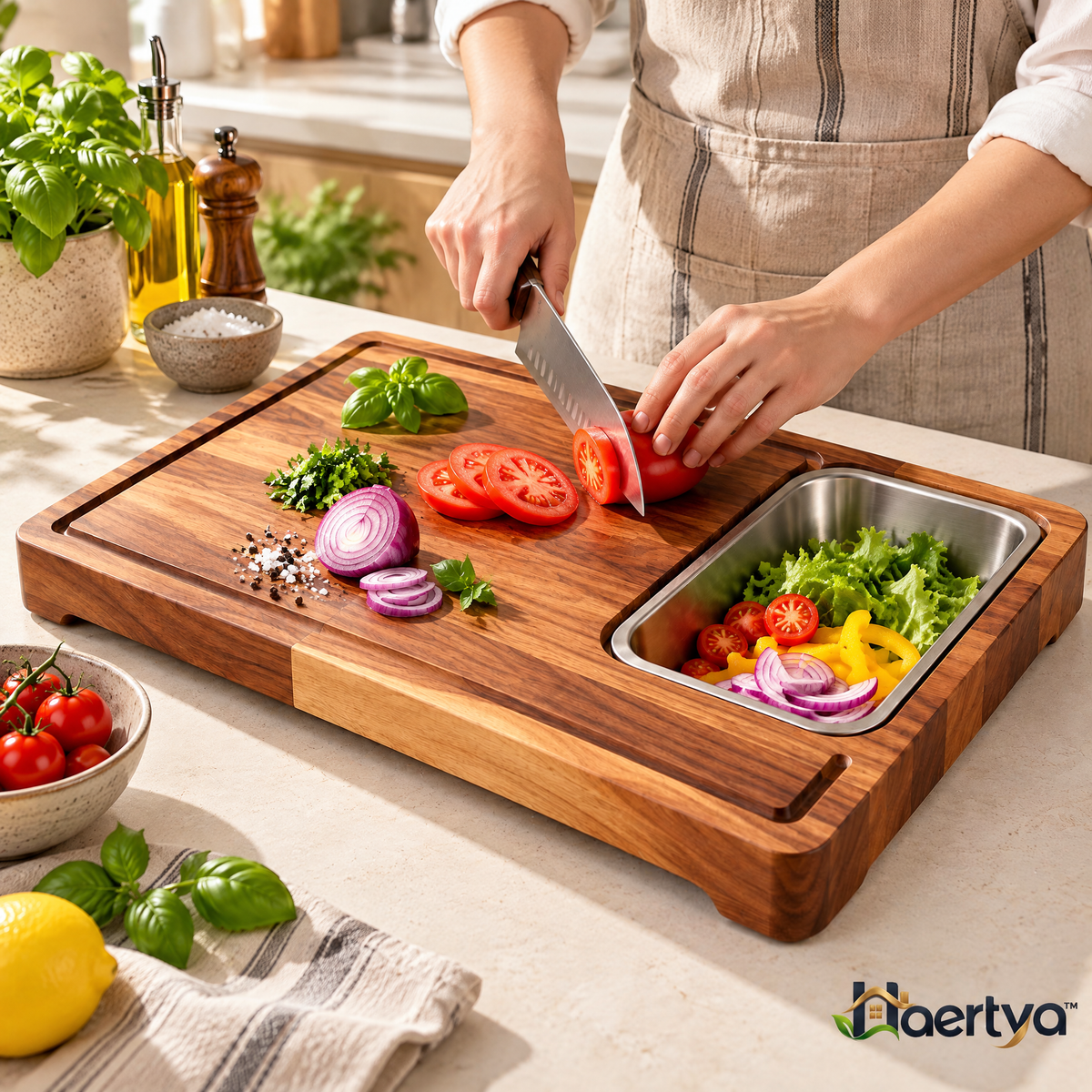 Haertya™ Acacia Prep Board with Stainless Bowl — lifestyle setting