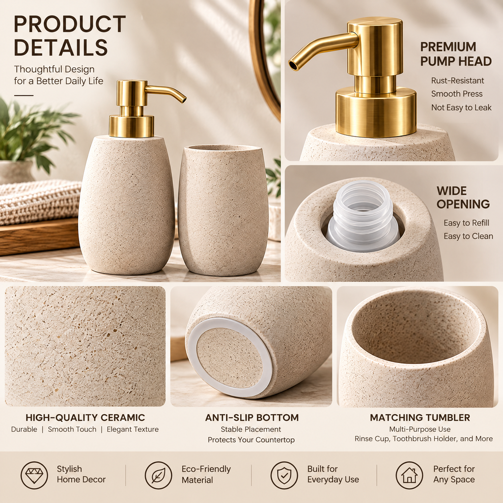 Haertya™ Stoneware Soap Dispenser and Tumbler Set — feature details