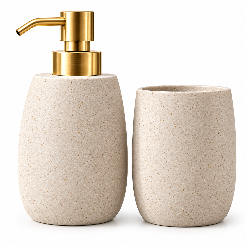 Haertya™ Stoneware Soap Dispenser and Tumbler Set — branded product view