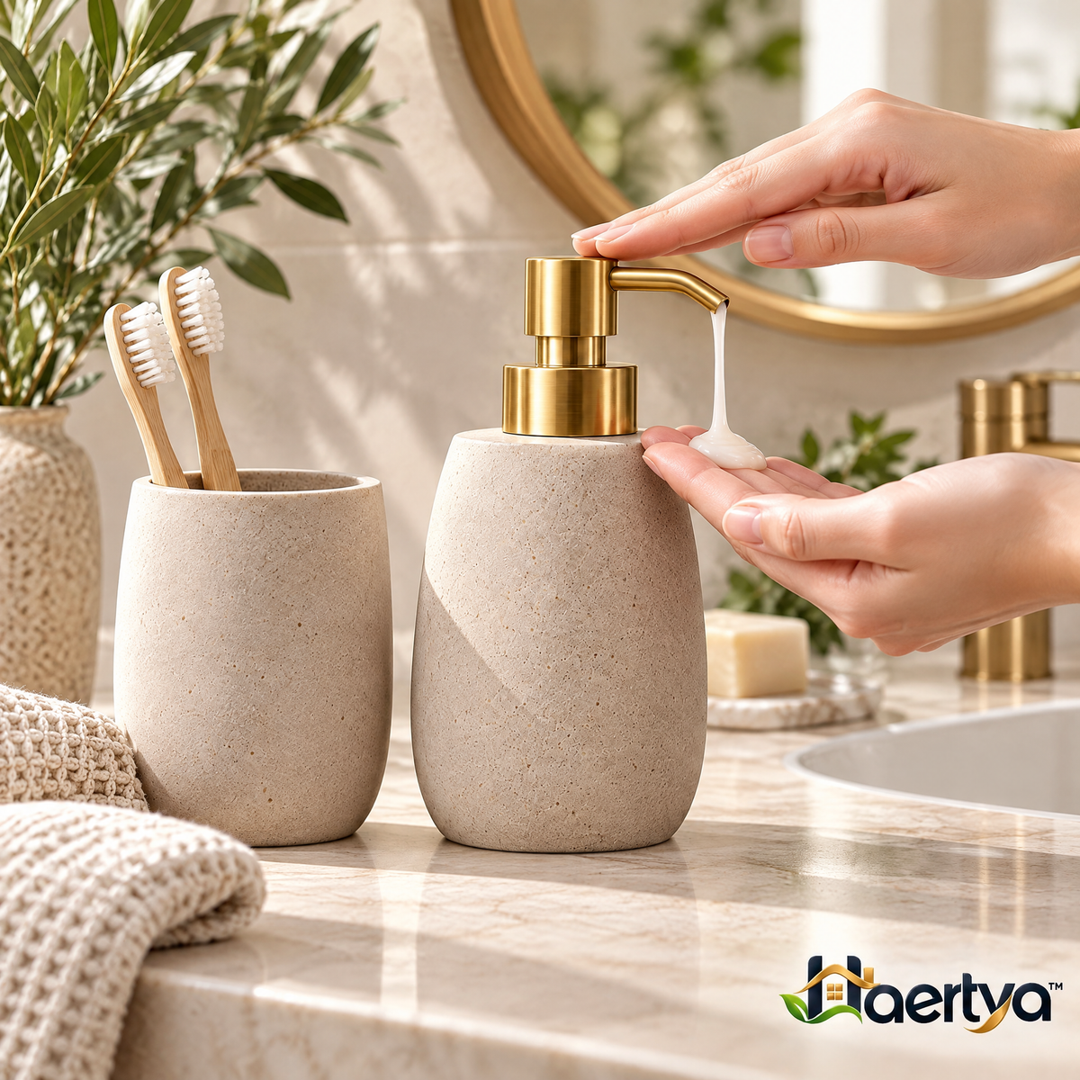Haertya™ Stoneware Soap Dispenser and Tumbler Set — lifestyle setting
