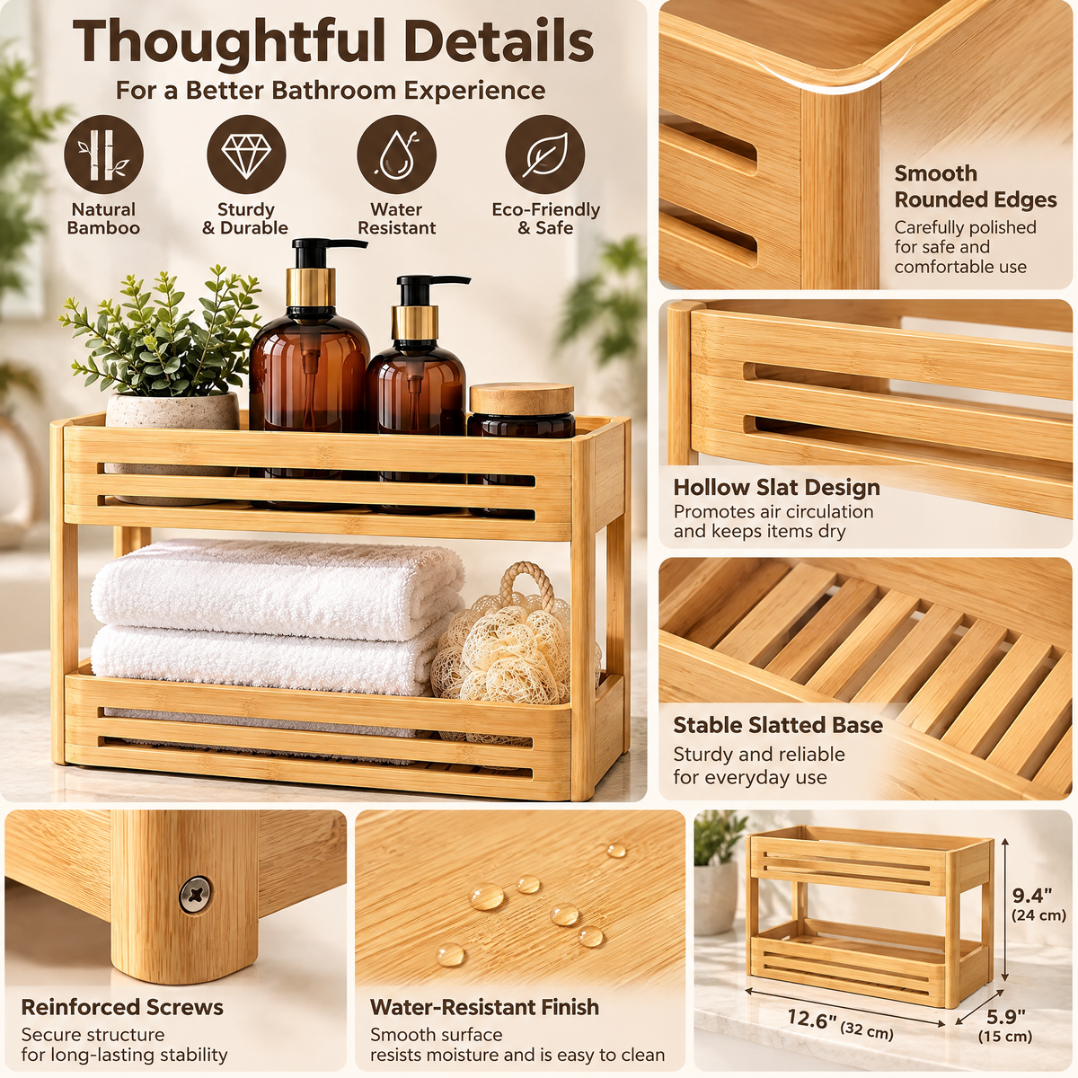 Haertya™ Bamboo Shower Caddy Organizer — feature details