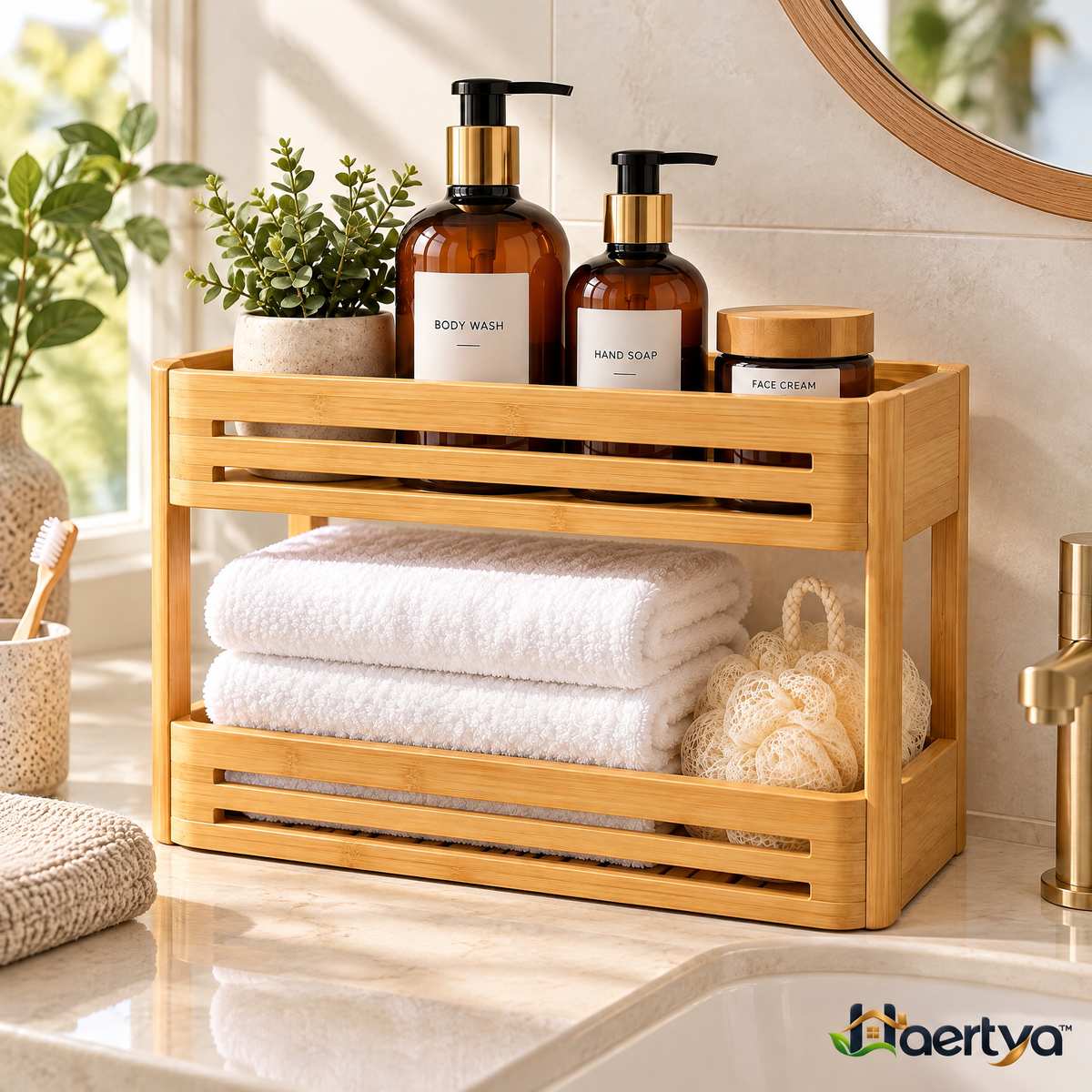 Haertya™ Bamboo Shower Caddy Organizer — lifestyle setting