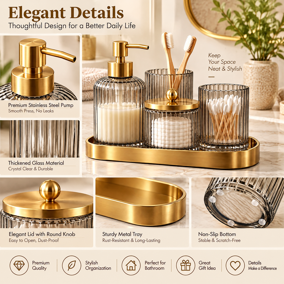 Haertya™ Ribbed Glass Vanity Organizer Set — feature details