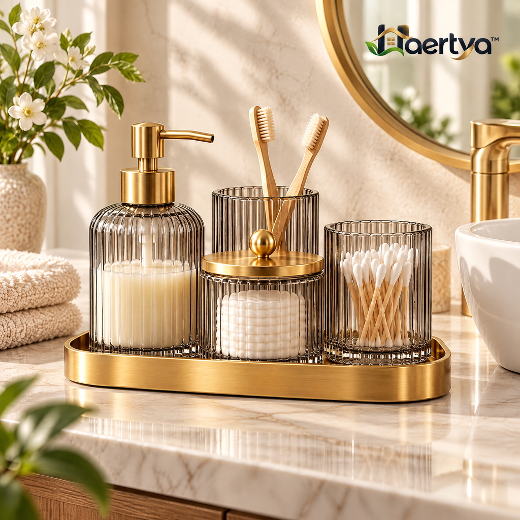 Haertya™ Ribbed Glass Vanity Organizer Set — lifestyle setting