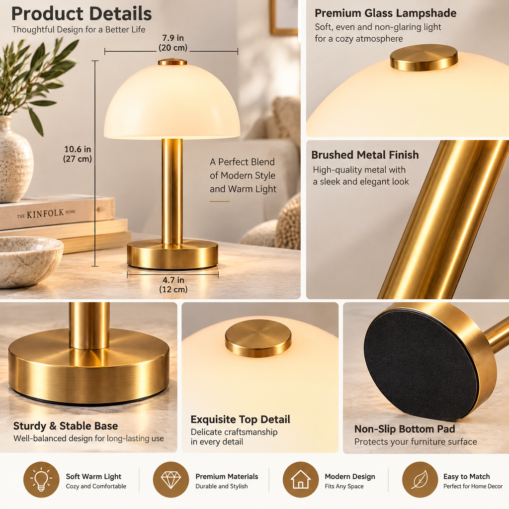 Haertya™ Rechargeable Brass Table Lamp — feature details