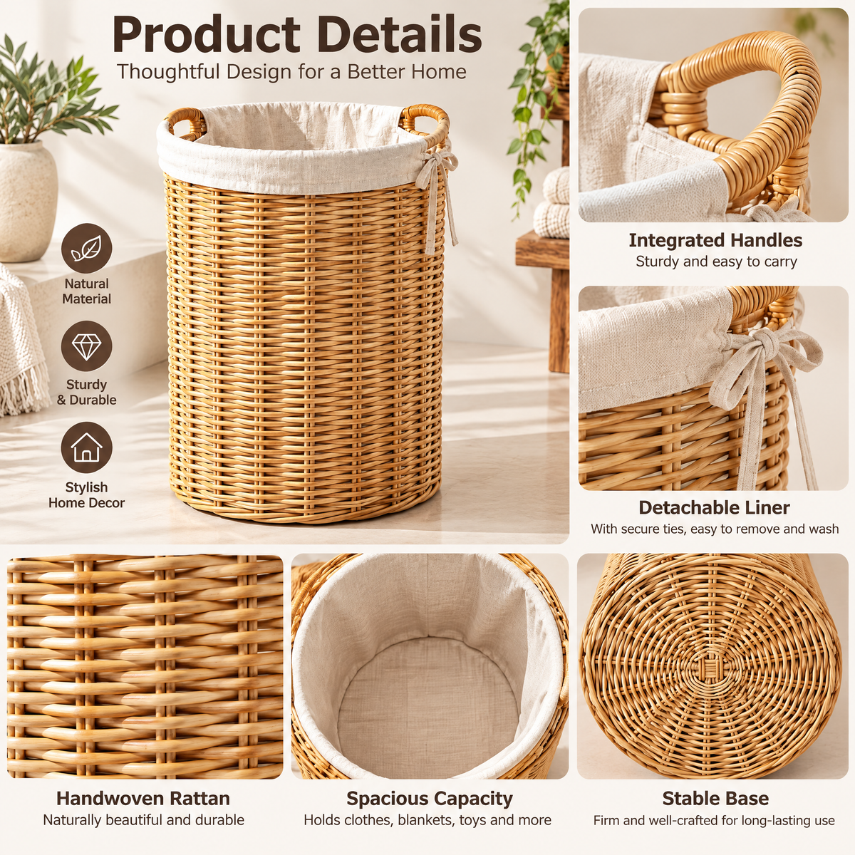 Haertya™ Rattan Laundry Basket with Liner — feature details