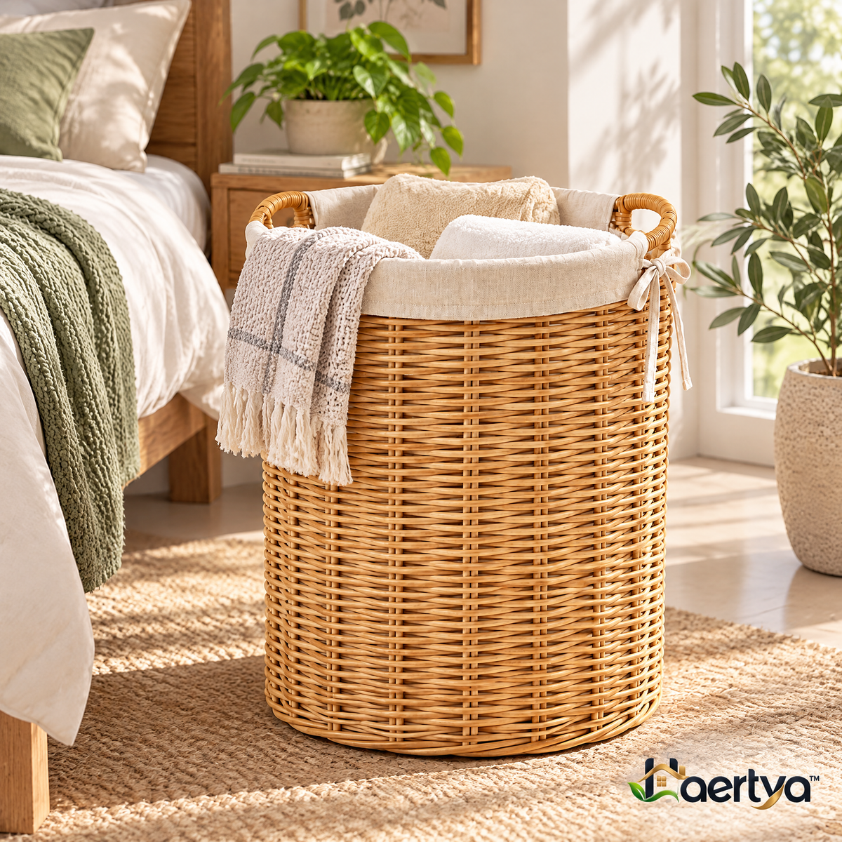 Haertya™ Rattan Laundry Basket with Liner — lifestyle setting