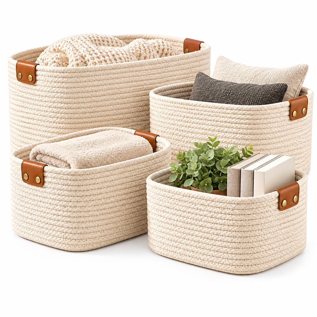 Haertya™ Woven Storage Basket Set with Leather Tabs — branded product view