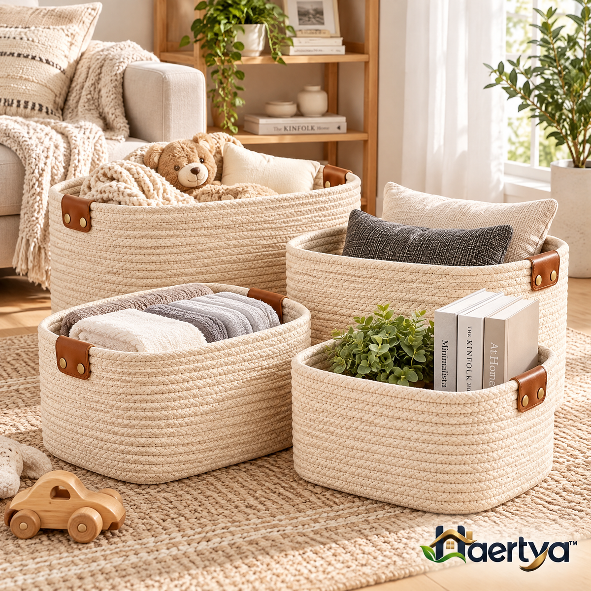 Haertya™ Woven Storage Basket Set with Leather Tabs — lifestyle setting