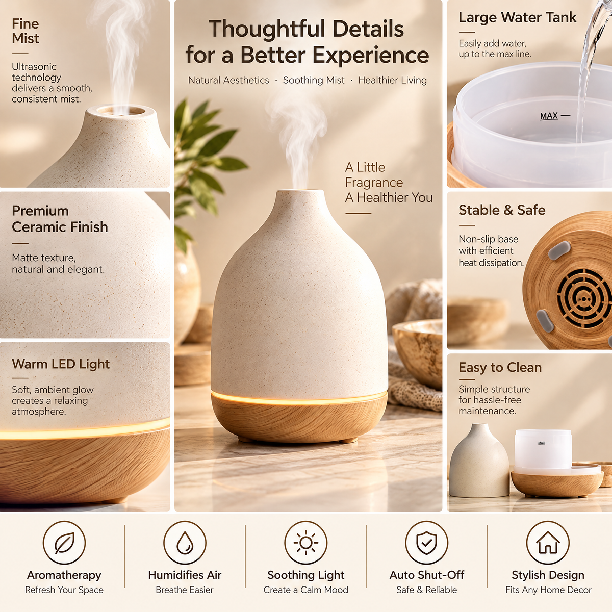 Haertya™ Ceramic Ultrasonic Aroma Diffuser — feature details