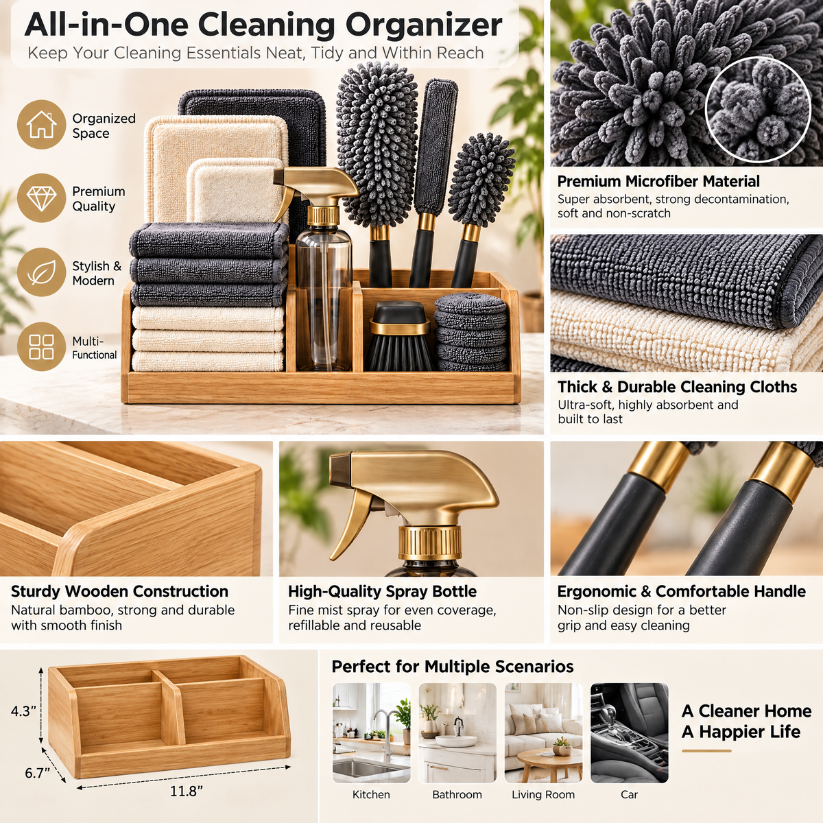 Haertya™ Microfiber Cleaning Tool Set with Oak Organizer — feature details