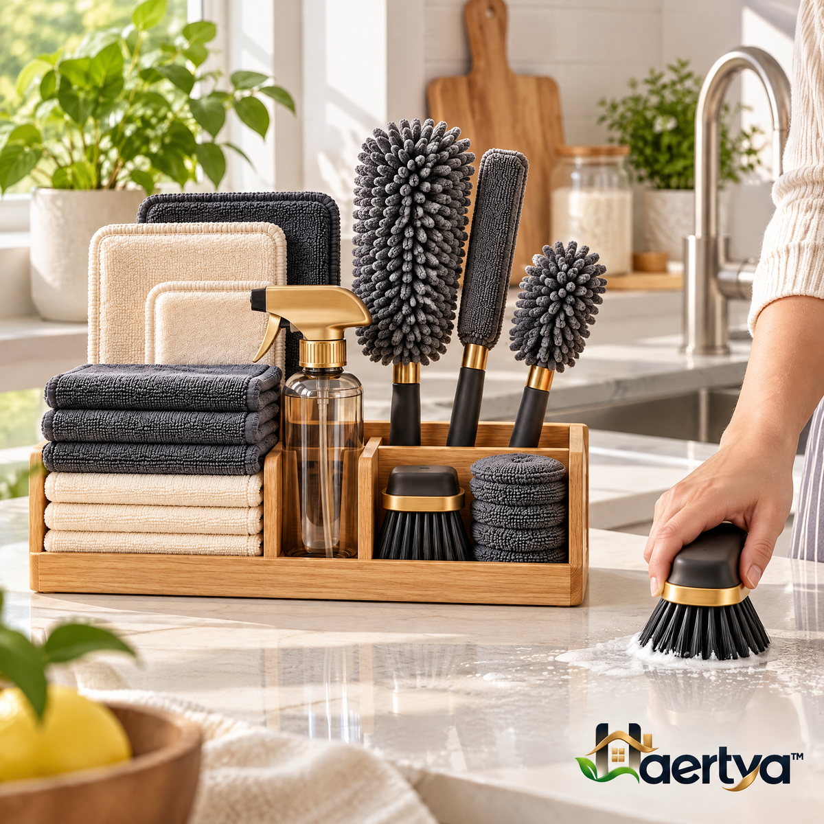 Haertya™ Microfiber Cleaning Tool Set with Oak Organizer — lifestyle setting